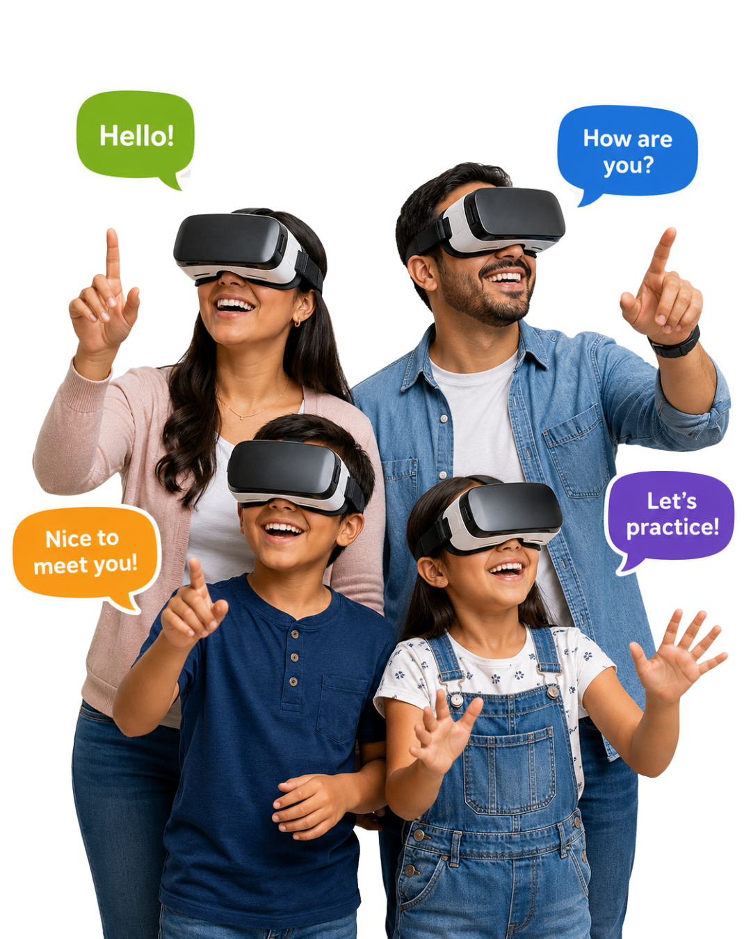 Familia practicando inglés con realidad virtual en King George Boca del Río