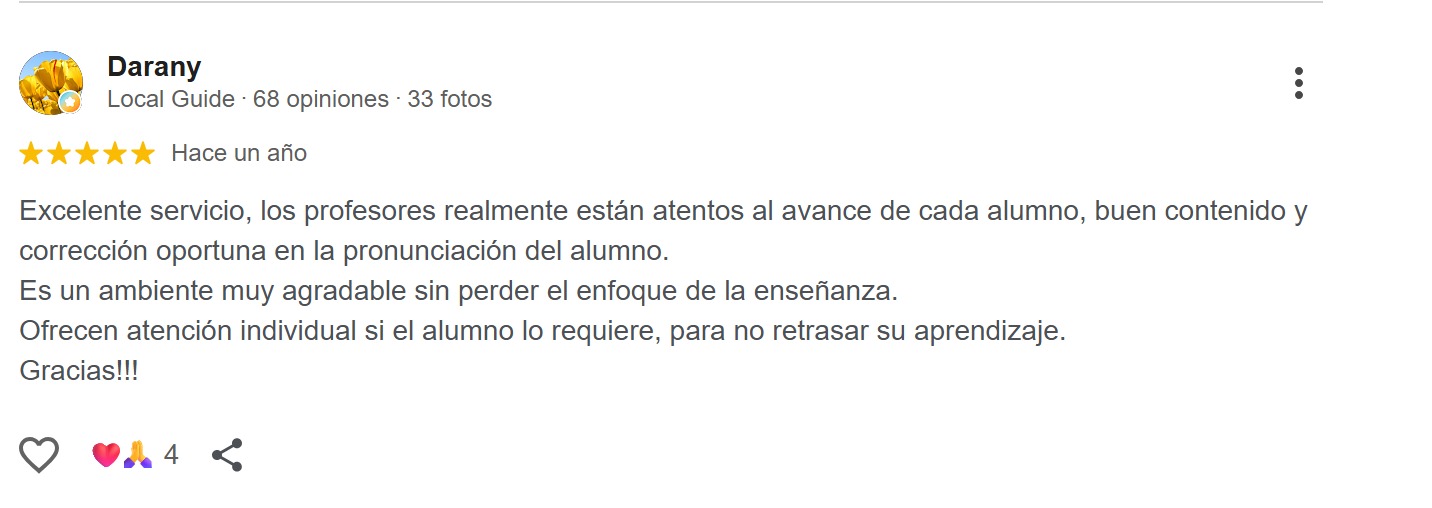 Reseña de Google de un alumno de King George Boca del Río